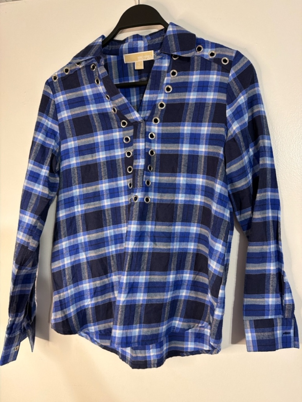 Michael Kors Blue Plaid Eyelet-Trim Button Down Shirt - Picture 2 of 4